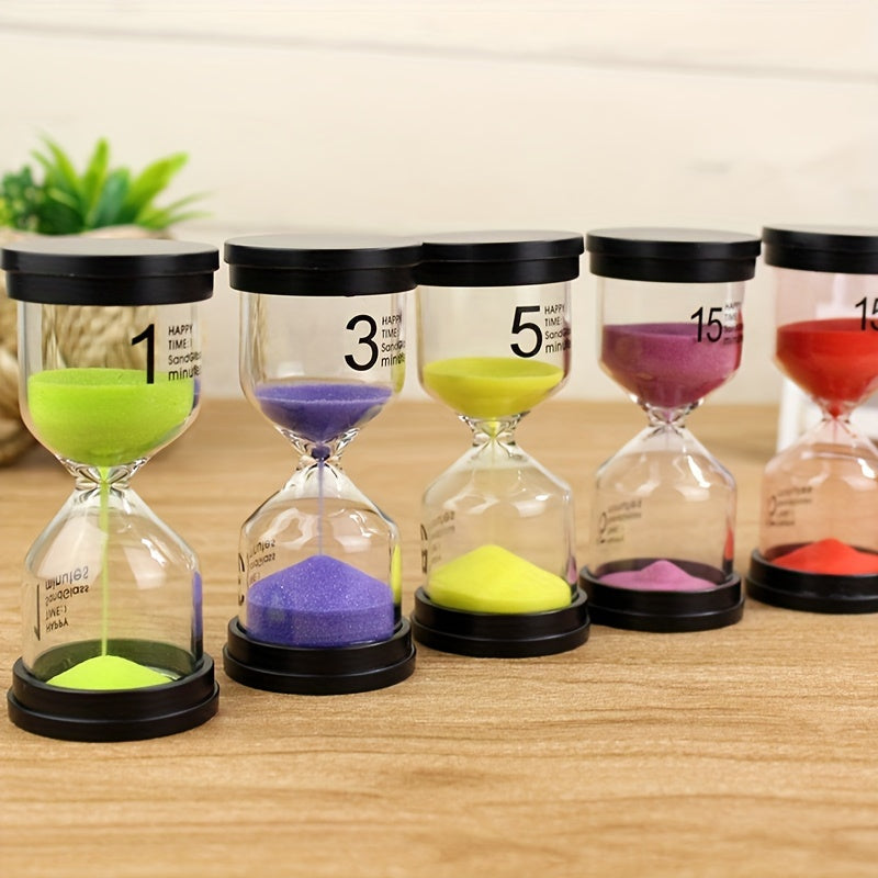 Colorful set of 6 sand timers, with durations ranging from 1 to 30 minutes, for use in games, classrooms, and offices.