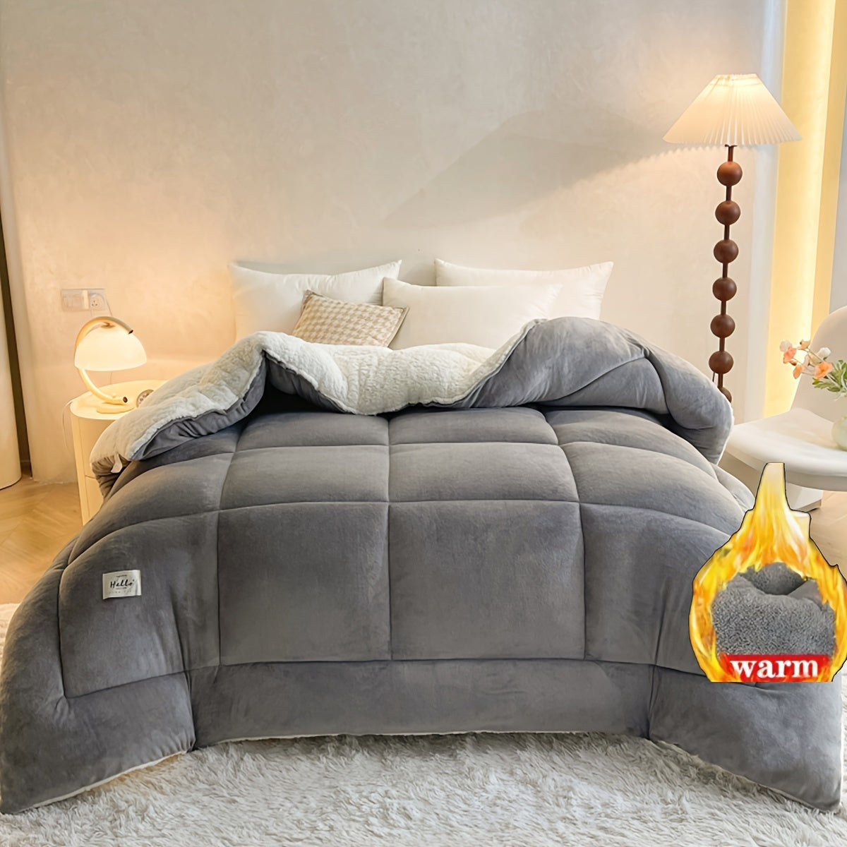 Thick Velvet Comforter Insert, All-Season Quilted Ultra Soft Breathable Polyester, Machine Washable Autumn and Winter Sherpa Comforter, Bedroom Warmth