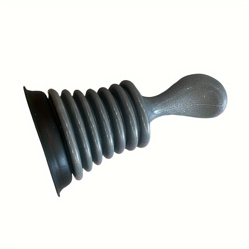 Quality drain plunger with non-slip handle, durable and odorless. Resistant to acid and alkaline. Efficient for sink and basin unblocking. Gray and black design.