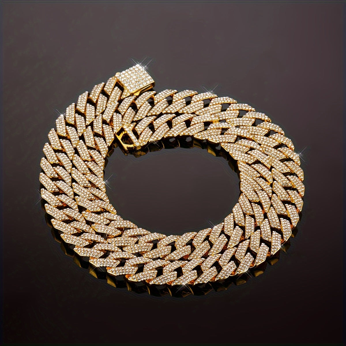 Icy 3-Row Rhinestone Cuban Link Chain Necklace for Men - Edgy Hip Hop Fashion, Made of Zinc Alloy, Ideal for Party Wear