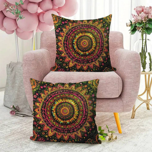 Two Bohemian Mandala Flannel Pillow Covers in a pack, each measuring 45.72x45.72 cm. Featuring an invisible zipper and machine washable design, these decorative cushion cases are suitable for all seasons and boast a modern style. Perfect for back