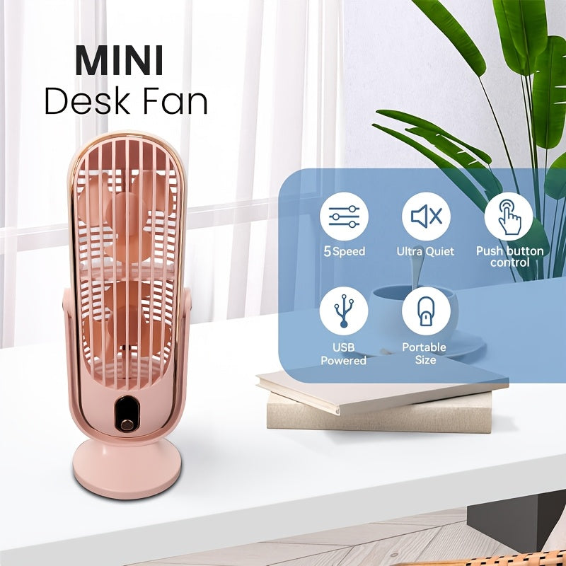 Introducing the new 5-speed portable desktop fan! This fan is perfect for home and office use, with USB charging for convenience. Keep your bedroom or office desk cool and comfortable with this quiet mini fan. The LED display and strong wind cooling make