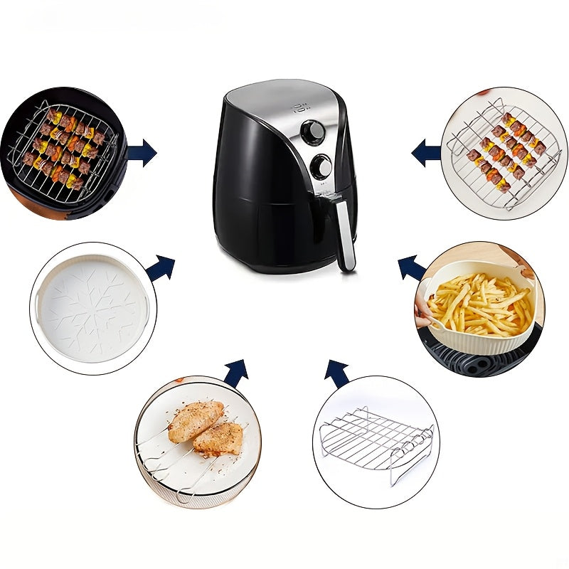 Set of 7 Stainless Steel Air Fryer Accessories, Includes Grill Rack, 4 Skewers, and 2 Silicone Baking Sheets. Safe for Food, Ideal for Grilling, Baking, and Microwave Cooking. Complete with Must-Have Kitchen Tools.