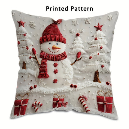 Double-sided Christmas snowman and tree design throw pillow cover made from modern polyester. Features zipper closure, machine washable fabric, and number print. Perfect for adding holiday charm to any room.