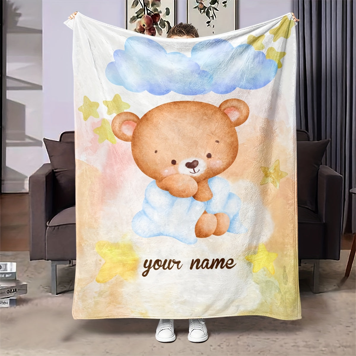 Personalized Cartoon Bear Print Flannel Throw Blanket - Modern Style, Versatile All-Season Knitted Polyester Blanket for Various Uses, Stylish Gift Blanket for Home Decor - Customize with Your Name