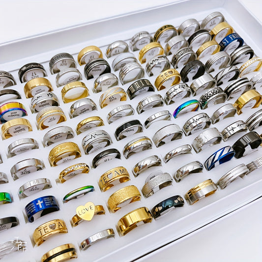 A set of 20 fashion rings made of stainless steel in various styles for mixing and matching. Suitable for both men and women, each blind bag contains rings of uncertain styles and sizes.