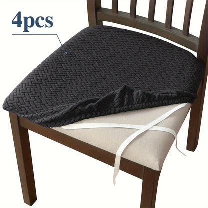 4/6pcs stretchable dining chair seat covers with integrated design, elastic fit and ties. Machine washable and available in multiple colors for home, hotel, restaurant use.