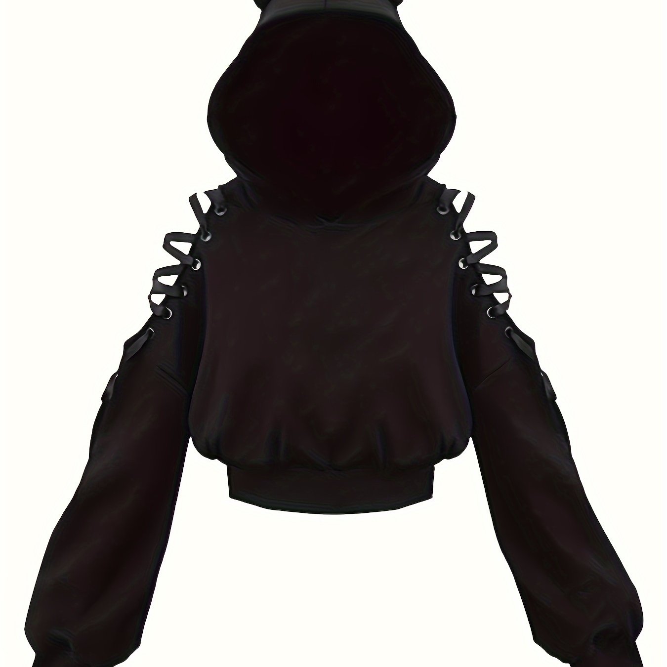 Women's Y2K style black hoodie with cat ears, featuring stretchy polyester knit, lace-up detail, ribbed cuffs, and all-season comfort.