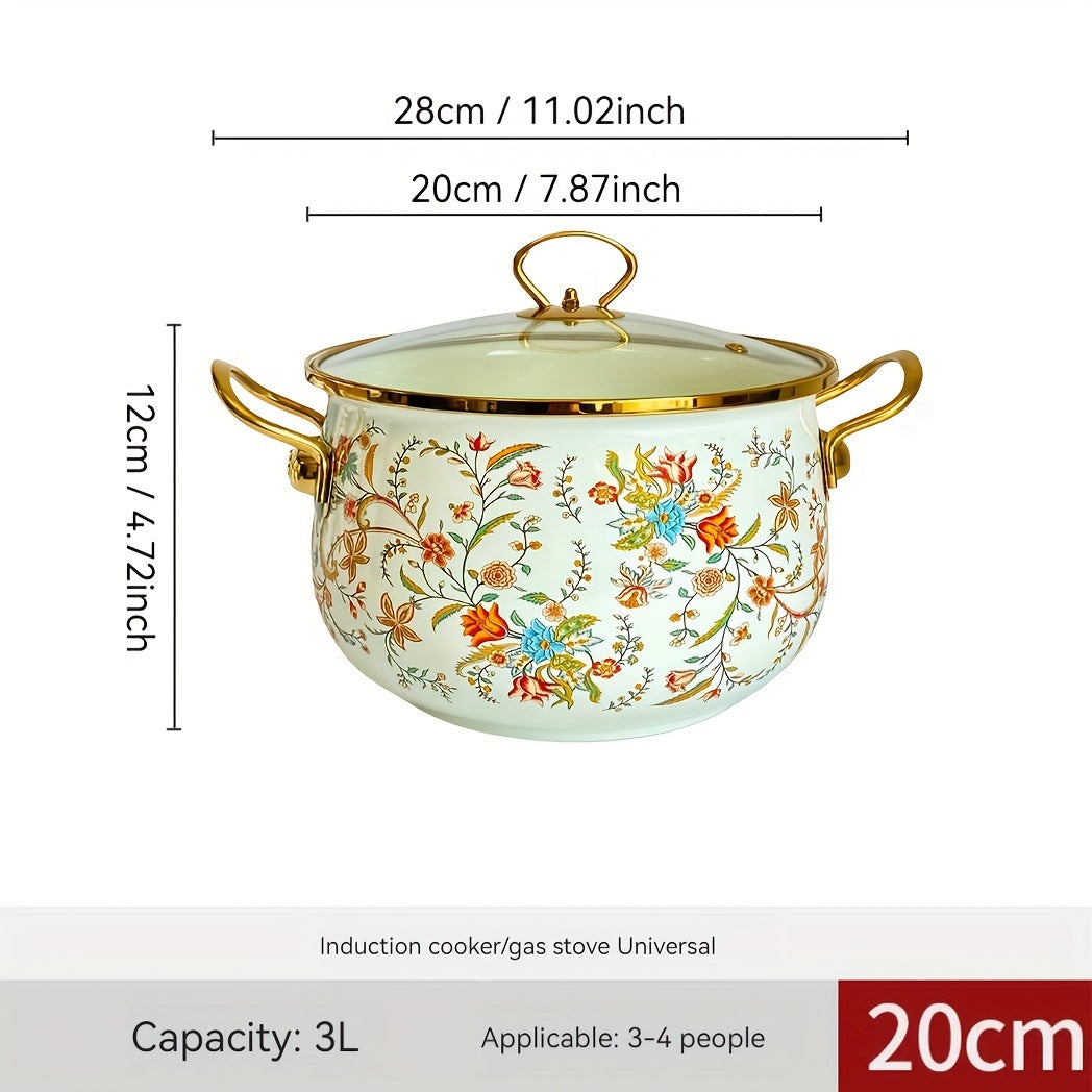 One piece of handmade enamel saucepan - Thick enameled pot perfect for stews, soups, serving at the table, and displaying in the kitchen - Spacious and easy to clean, suitable for gas, open flame, and induction cooktops.