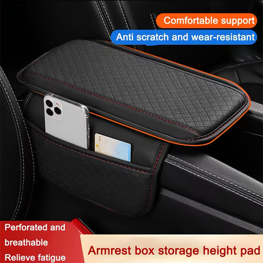 PU Leather Car Armrest Cushion with Memory Foam, Dual Storage Pockets, Elbow Support Pad, Anti-Scratch, Wear-Resistant, Breathable Design, Interior Accessory.