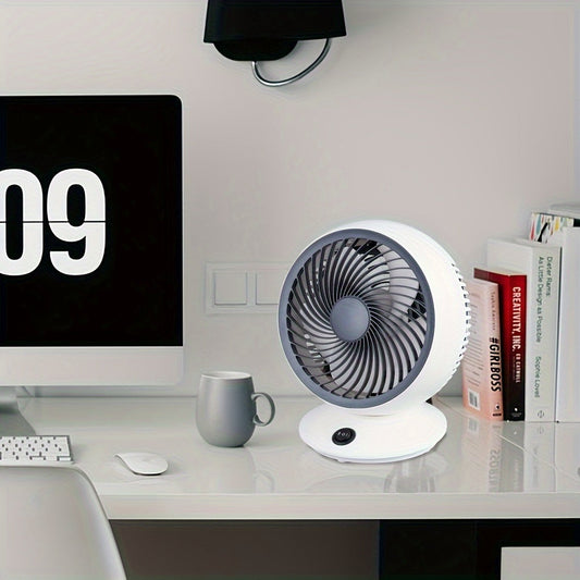 Compact and stylish, this 6-inch portable desk fan in white with gray accents is perfect for home, office, or travel. USB powered for convenience, it's easy to carry and ideal for indoor and outdoor use.