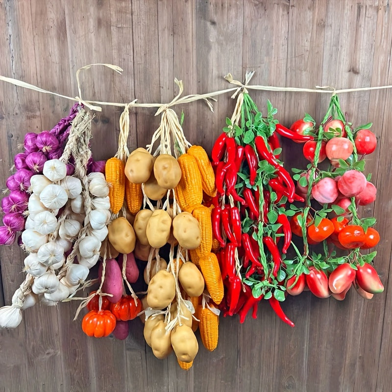 Artificial foam fruit set for Chinese-style photo props and restaurant decor, includes onion, garlic, corn, and red pepper.