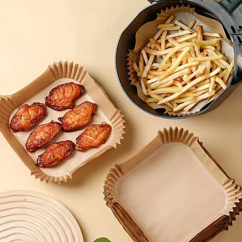 Disposable Air Fryer Liners available in packs of 30, 50, or 100 pieces. These liners come in two sizes, 16.0cm and 20.07cm, and can be used as Paper Air Fryer Liner Pots, Paper Basket Bowls, Baking Trays, and Oven Accessories. They are essential Baking