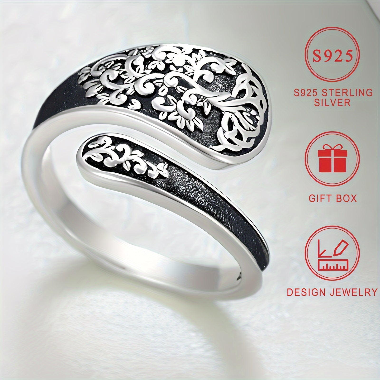 Vintage Bohemian style 3D texture Tree of Life band jewelry made from S925 Sterling Silver Spoon Ring, hypoallergenic and perfect for women. Comes with a gift box, ideal for gifting.