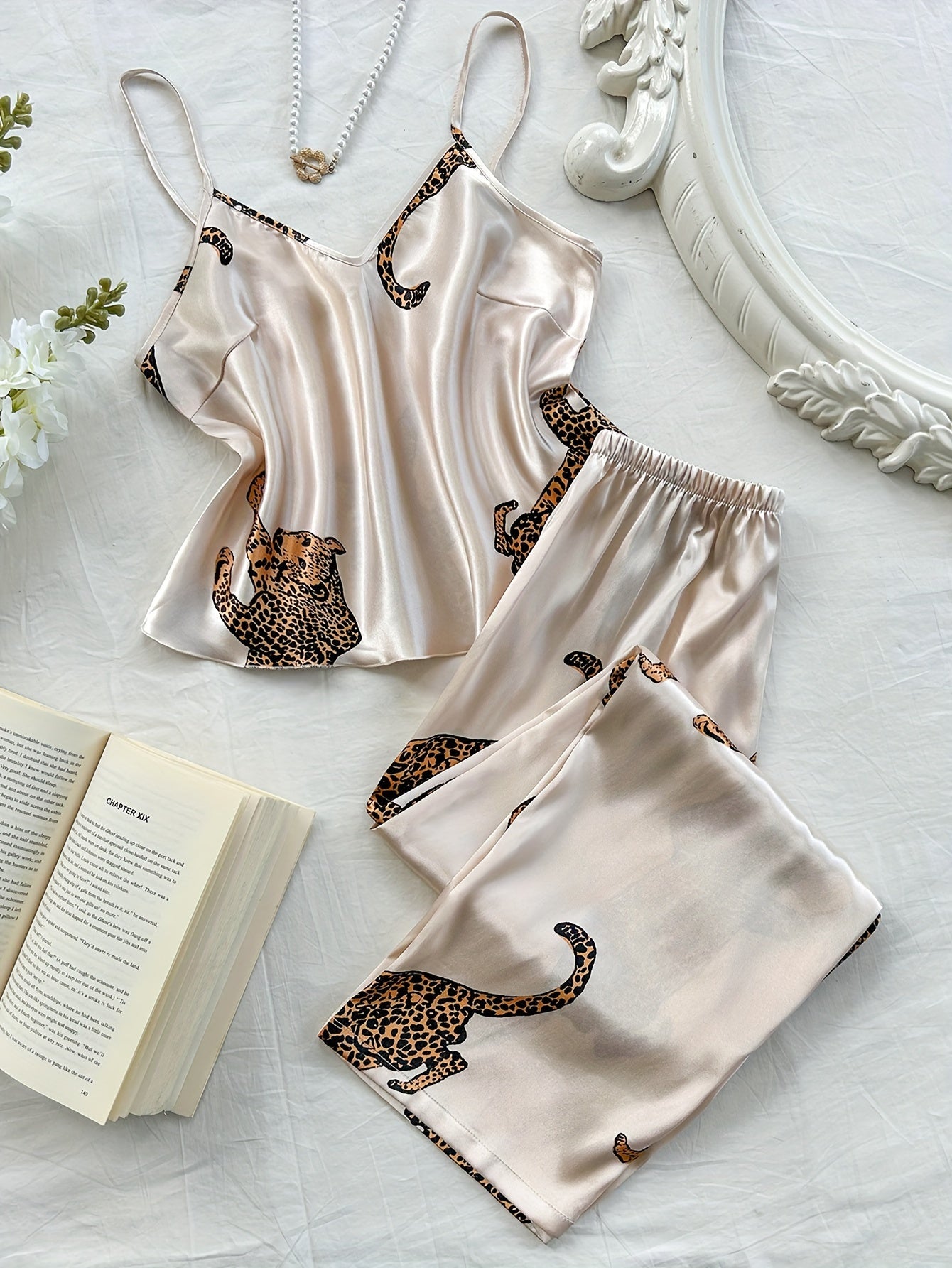 Leopard Print V-Neck Suspender Pajama Set