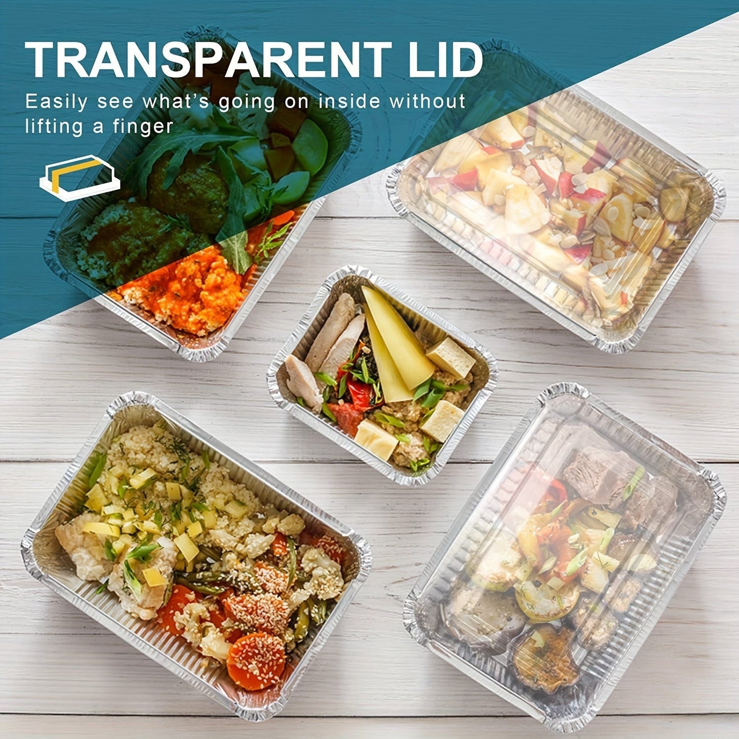 Set of 20 Aluminum Pans with Transparent Lids, Suitable for Takeout Containers. Made of Sturdy, Recyclable Aluminum Foil with a Secure Seal to Keep Food Fresh and Prevent Spills. Each pan measures 21.59cm x 16.51cm x 5.33cm.