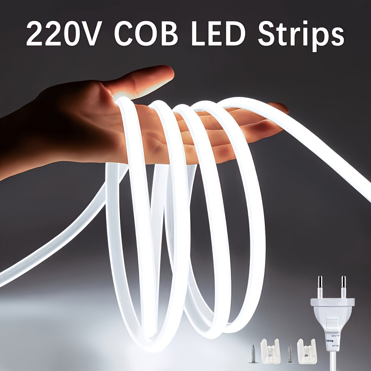 Flexible COB LED Strip Roll, 220V 12W/M High Brightness, Various Lengths, Energy Saving, Cuttable, Outdoor/Indoor Lighting, 1.2m Power Cord.