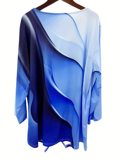 Asymmetric hem t-shirt in ombre print for plus-size women, perfect for spring and fall.