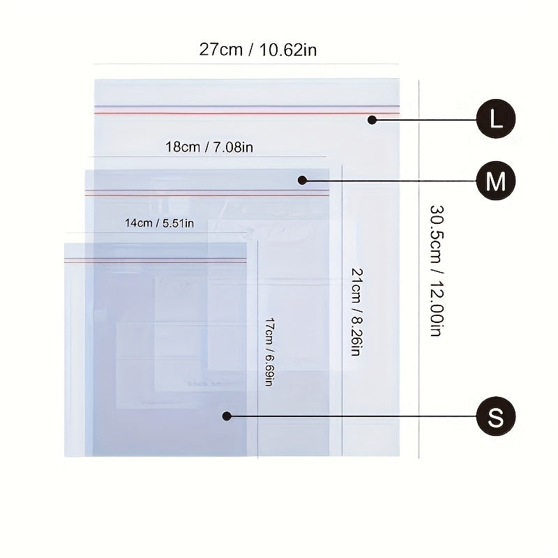 Double Sealing Strip Food Storage Bags in quantities of 15, 20, 30, 65, 130, or 195 pieces. These Double Zipper Bags are transparent and perfect for storing fruits, vegetables, grains, and other kitchen supplies. The Sealed Bags are leak-proof and