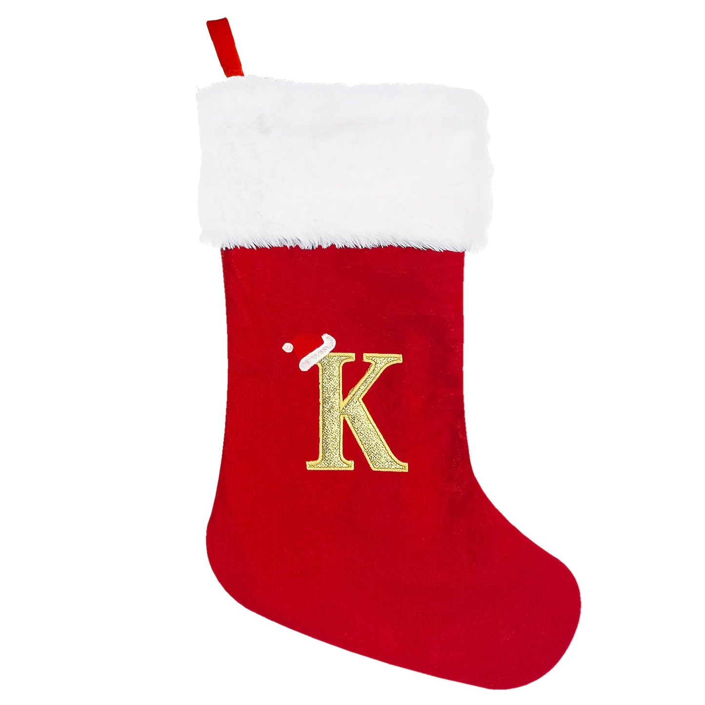 1 red velvet Christmas stocking with white plush cuffs, embroidered initial, 53.34 cm. Perfect for holiday parties and home decorations.