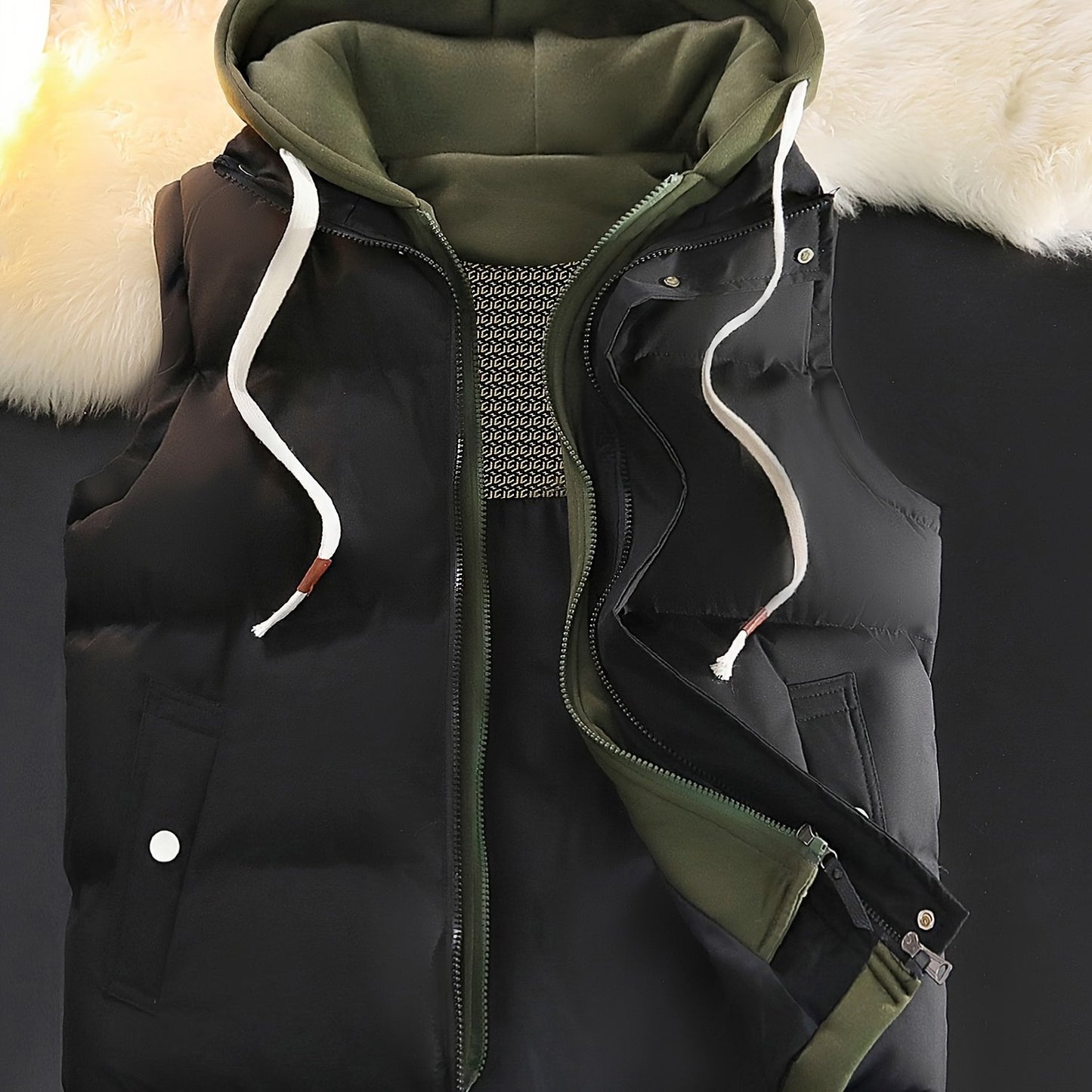 Sleeveless, hooded vest jacket with faux two-piece design for fall/winter, machine washable.