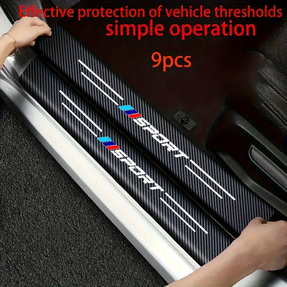 9-Pack Universal Car Door Sill Protectors, Durable PVC Anti-Scratch Pedal Stickers with Sporty Design, Easy Installation.