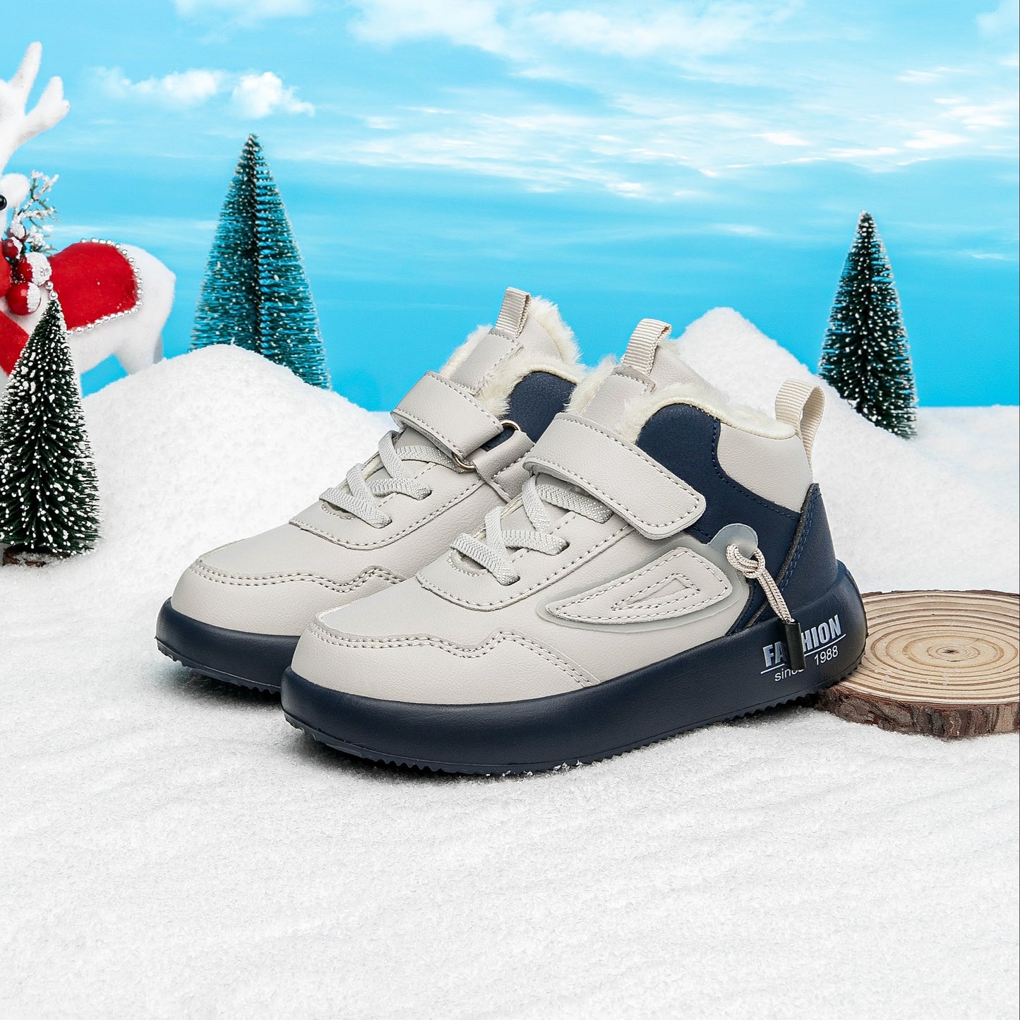 Boys' winter snow boots in navy blue and gray with plush lining, non-slip waterproof high tops, hook-and-loop closure. Suitable for outdoor activities. Made with microfiber upper.