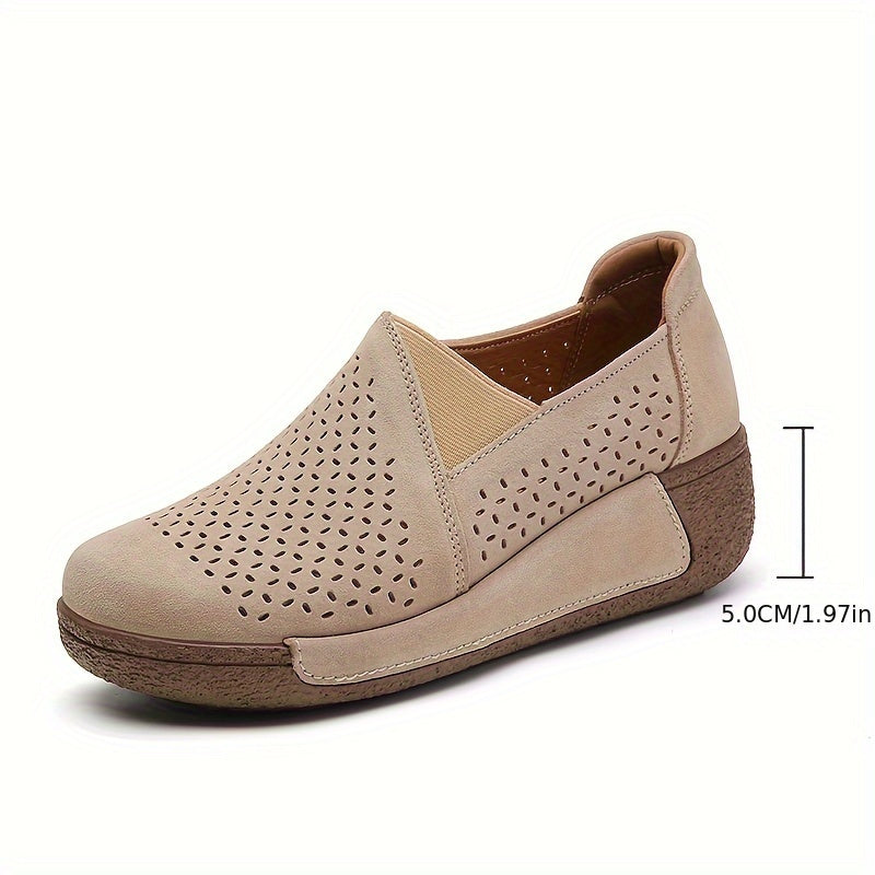 Breathable slip-on sneakers for women with hollow design, round toe, and non-slip PU sole.