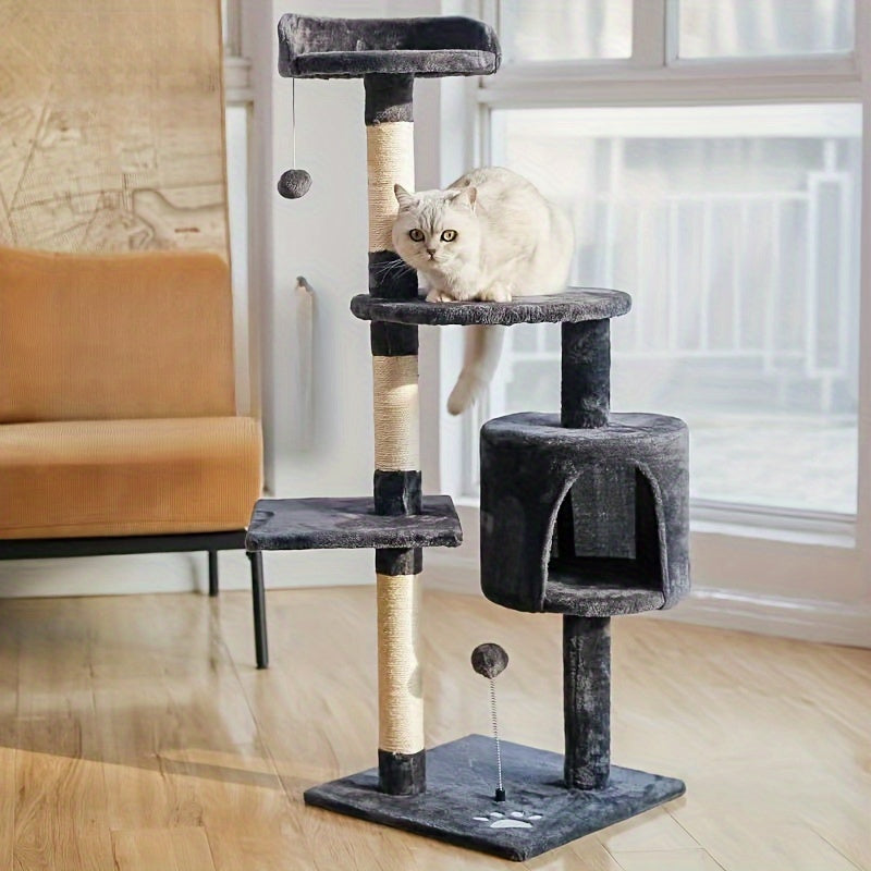 Premium wood fiber cat climbing tower for indoor cats, with scratching posts, cozy condo, and hanging toys.