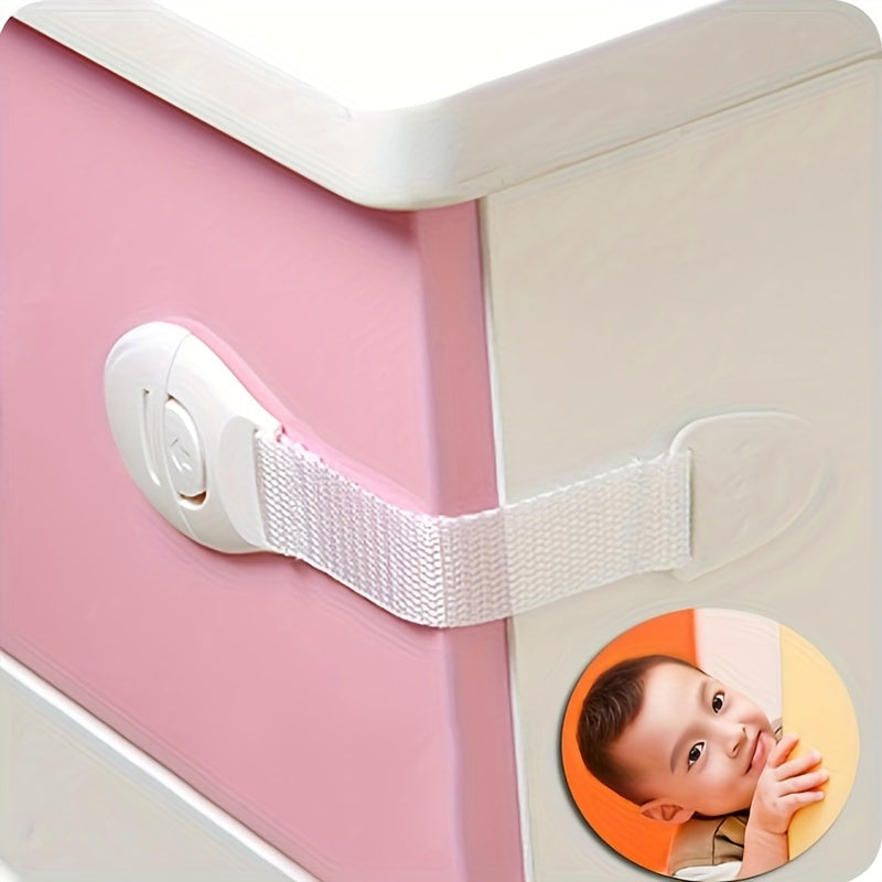 Secure your drawers and cabinets with this 10-pack of white safety locks and straps. Made of lead-free plastic, these adjustable anti-pinch latches are perfect for children aged 3-6 years and 6-8 years. Keep your little ones safe with these easy-to-use