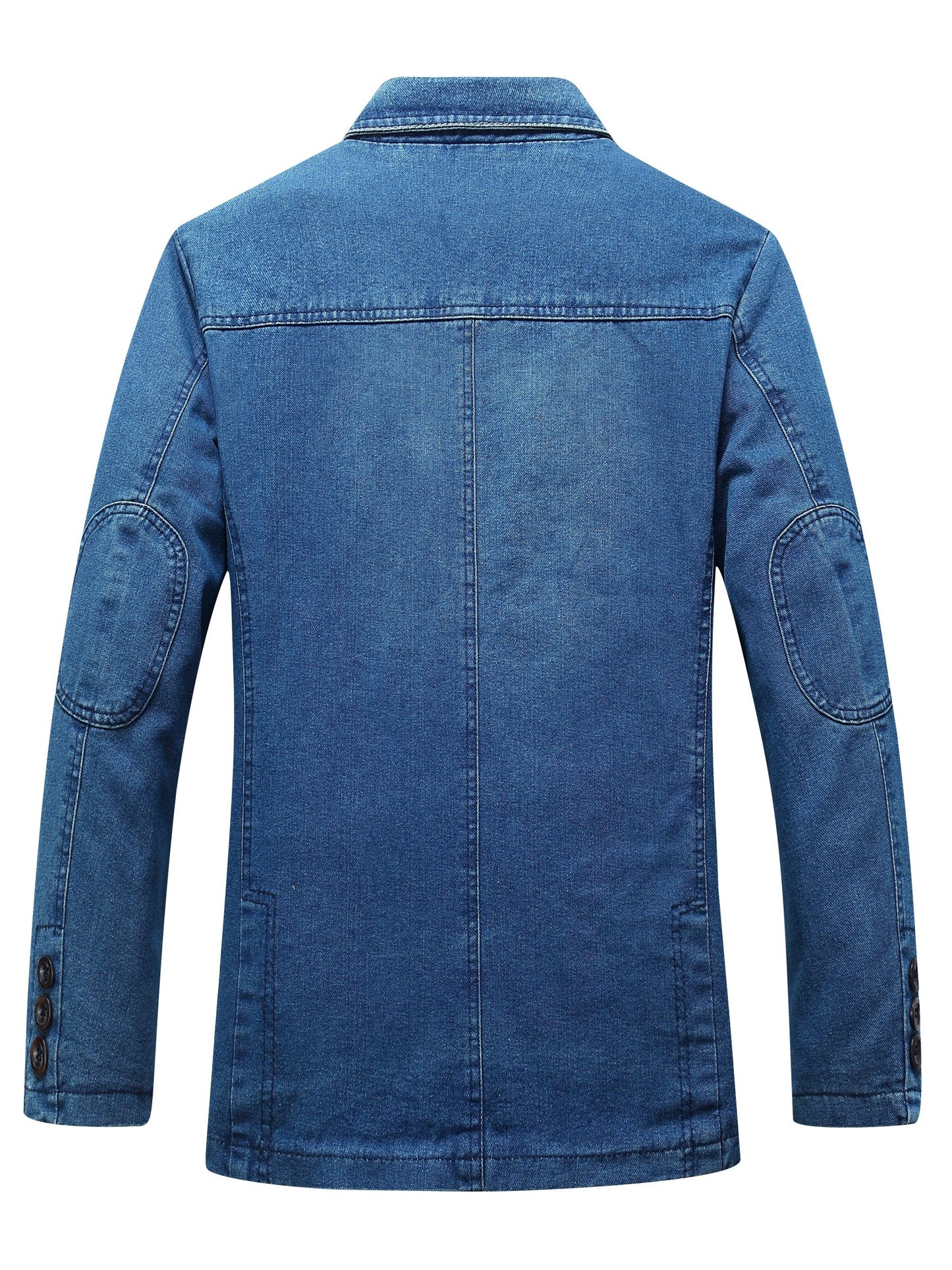 Men's denim blazer with single-breasted, lapel collar, loose fit, polyester lined, and patched details. Made of 86% cotton, 7.9% polyester, 2.8% viscose, and 3% lyocell. Ideal for