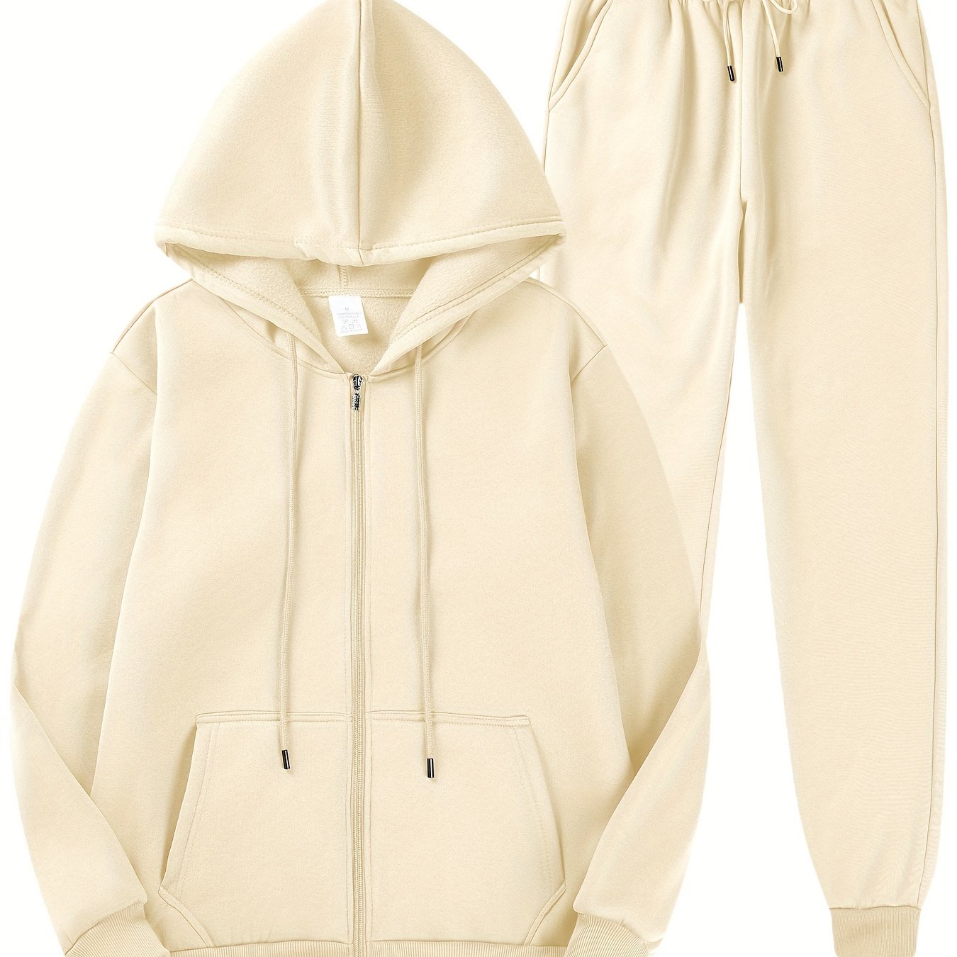 Men's casual fleece hoodie and sweatpants set made of 100% polyester. Includes a long sleeve zip-up hooded sweatshirt with kangaroo pocket, regular fit, knit fabric, solid color. Ideal for