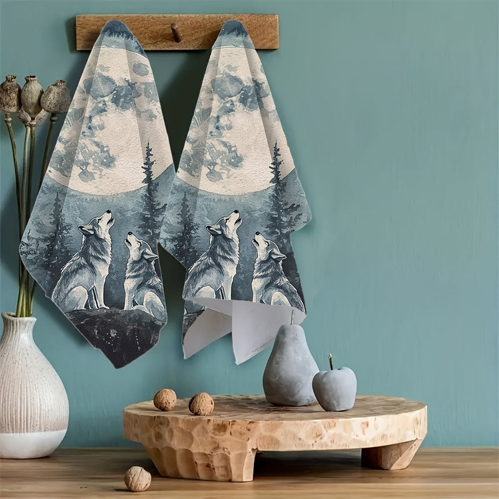 Add a touch of wilderness charm to your kitchen with these 2pcs Ultra Soft Kitchen Towels featuring a majestic wolves howling at a full moon night scene in watercolor style. These towels are highly absorbent and machine washable, measuring 40.64x60.96