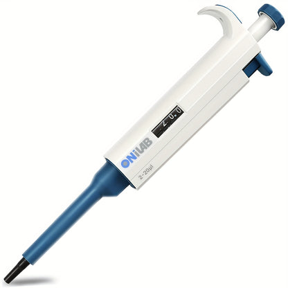 High-Precision ONiLAB Micropipette, adjustable 0.1ul-10ml, autoclavable, with ergonomic grip and storage holder.