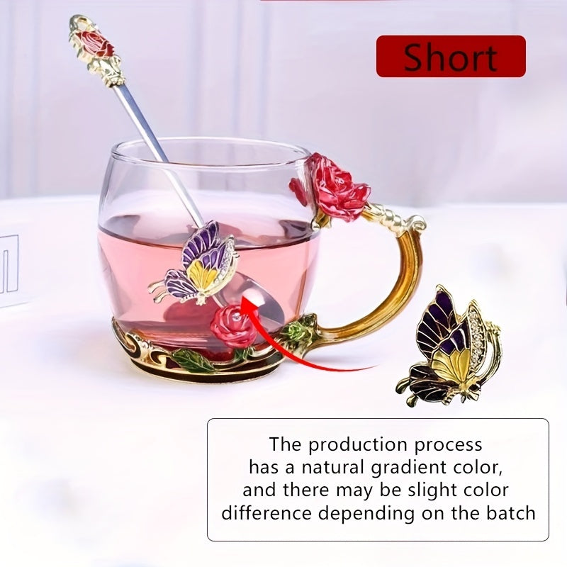 Rose enamel crystal tea cup with butterfly and rose design, includes spoon, clear glass.