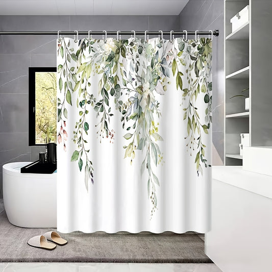 Watercolor green sage leaves shower curtain with eucalyptus and floral design for a relaxing and aesthetic bathroom/home décor experience.