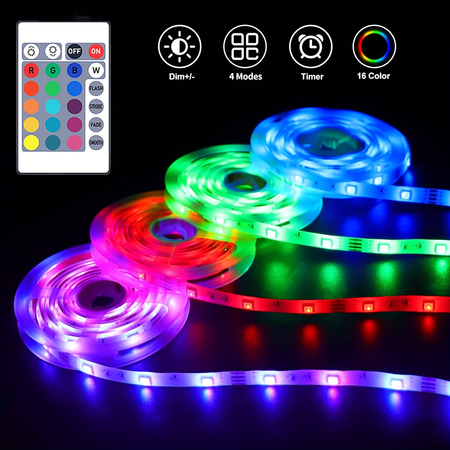 91.44cm-30.48m RGB LED strip lights with remote & app control, adjustable brightness, DIY mode, USB powered, ABS material, non-rechargeable button battery, for bedroom, living room, TV