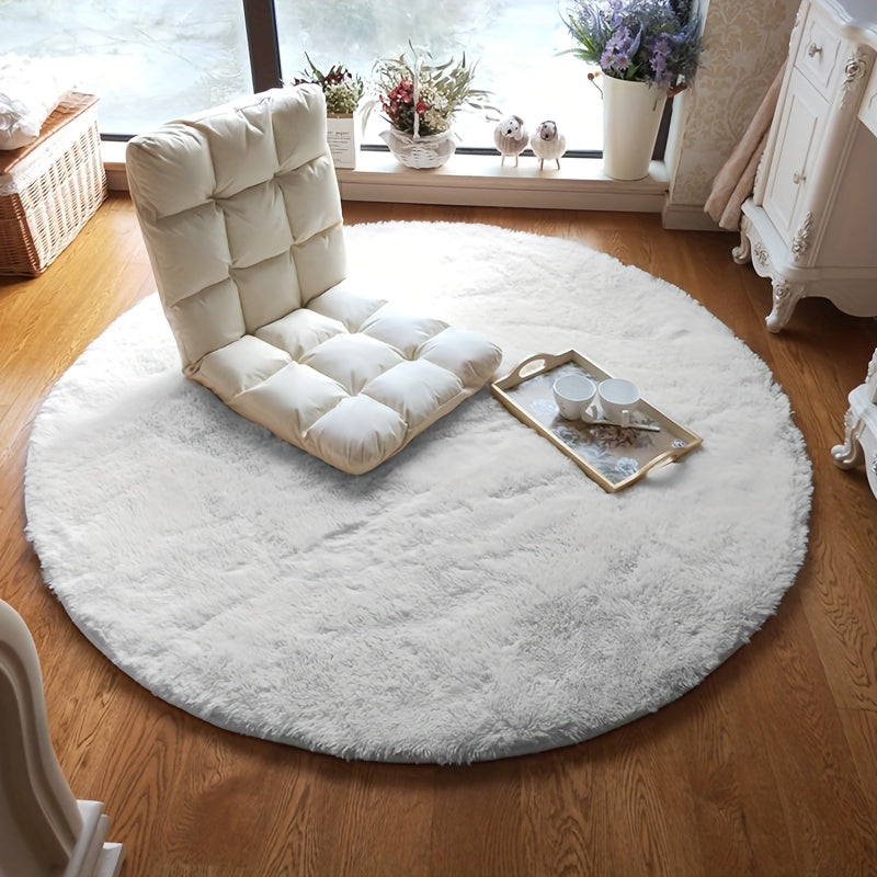 Indulgent Pure White Silk Circular Rug - Soft, Non-Slip & Easy-to-Clean Polyester Rug for Living Room, Bedroom, Yoga | Luxurious Medium-Pile Mat with Tray for Home Decor, Living Room Carpet