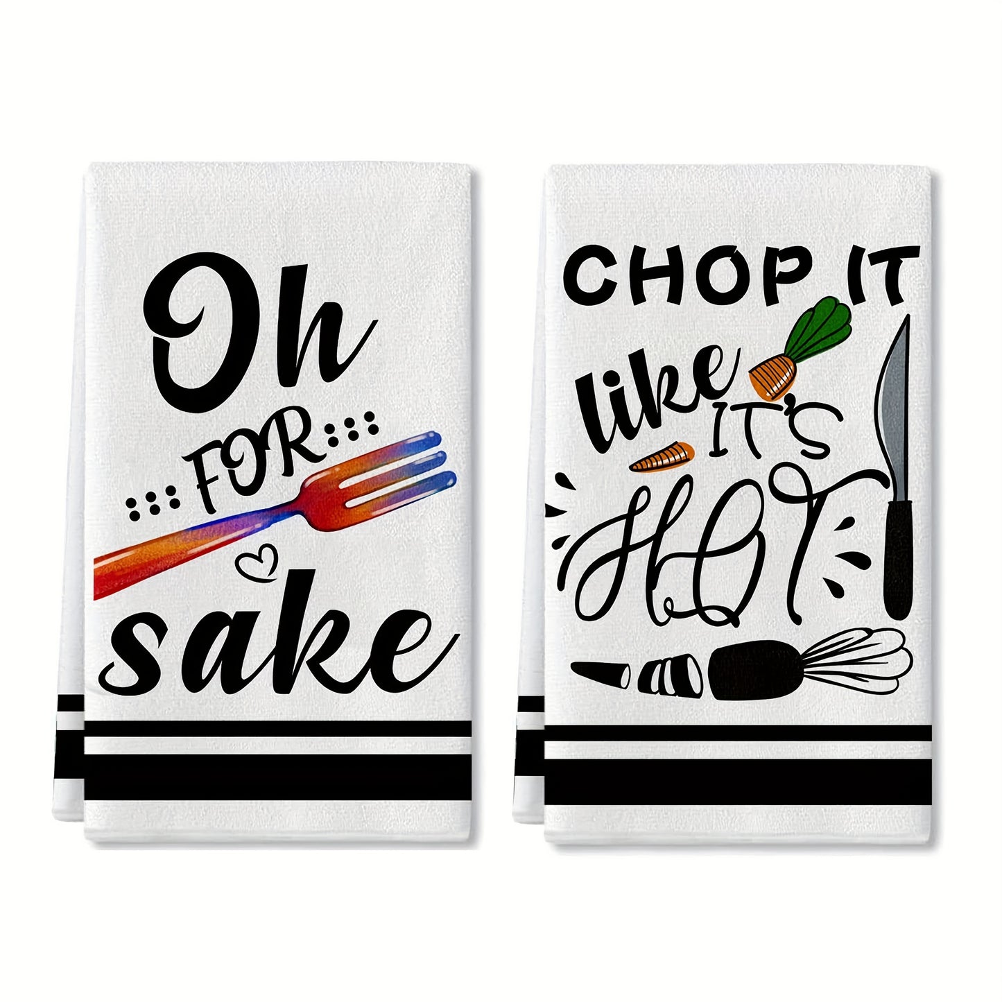 2 funny kitchen towels with sayings, egg beater and rolling pin design. Absorbent for drying dishes and ideal for cooking and baking.