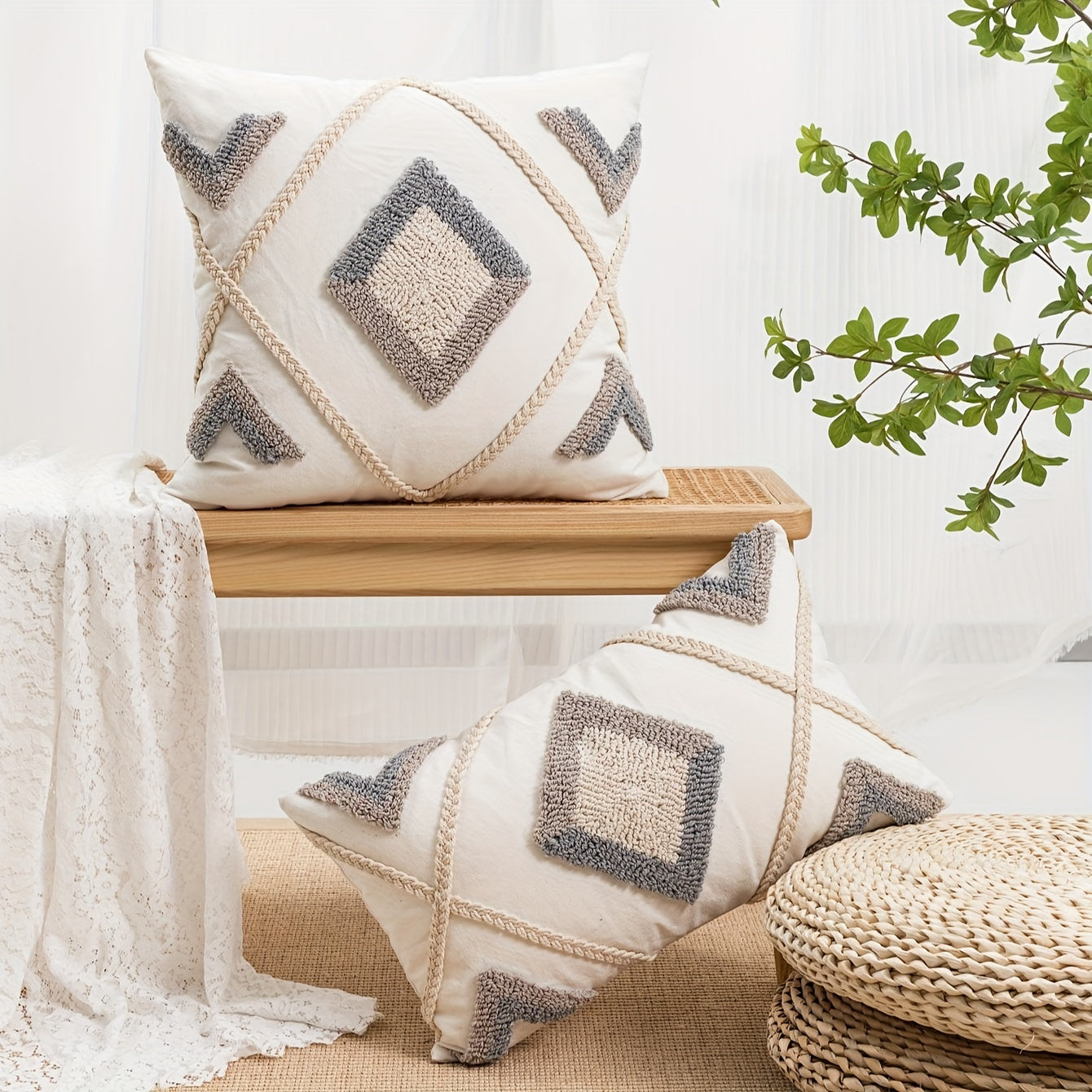 Bohemian geometric pillow cover featuring hemp rope & velvet embroidery - perfect for bedroom, living room, or sofa decor. Square design in beige with jute detailing.