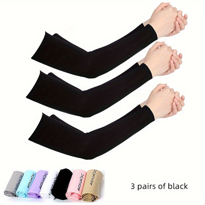 Protective arm sleeves made of high-elastic nylon ice fabric provide UV protection for various outdoor activities such as driving, fishing, running.