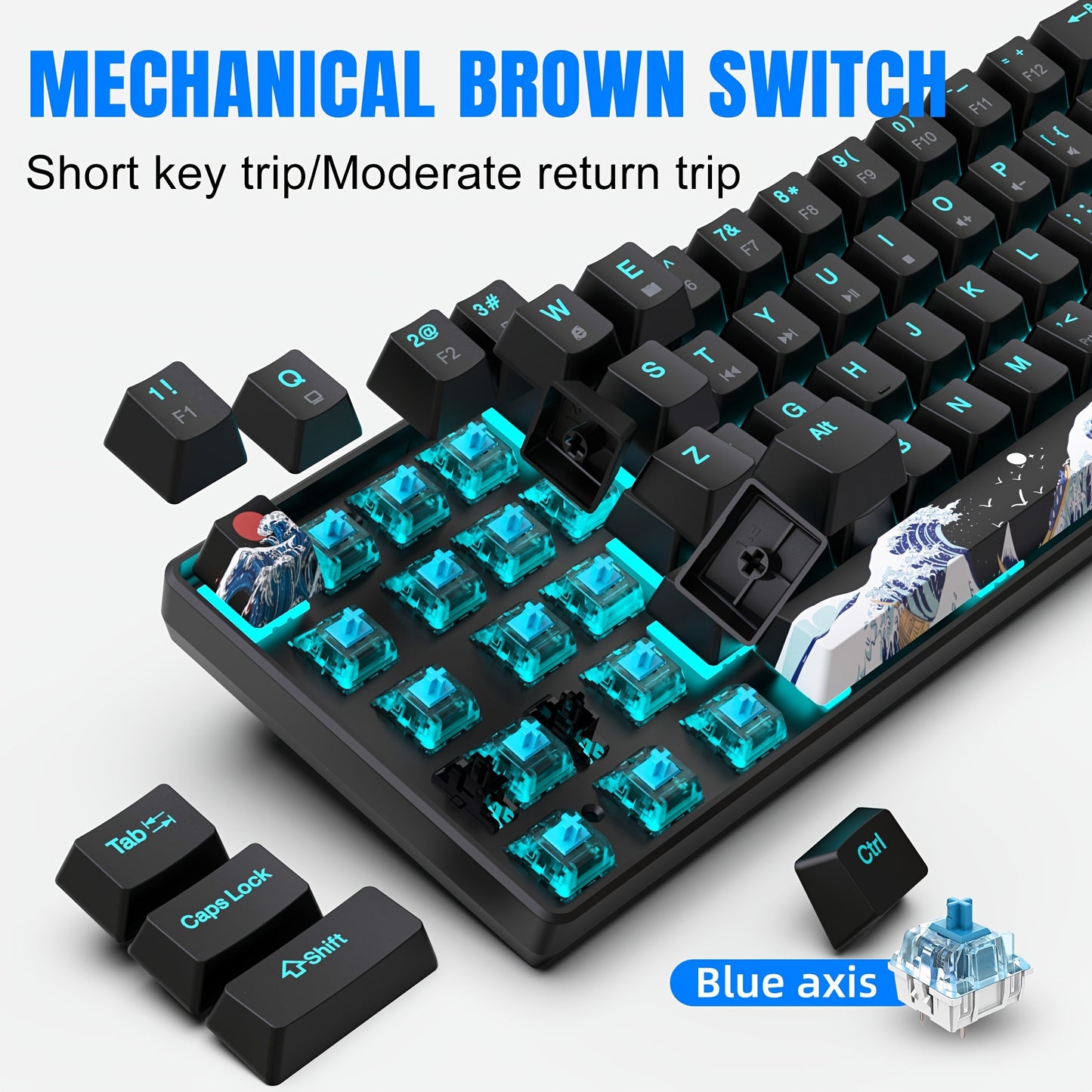 HXSJ ergonomic wired mechanical gaming keyboard with 68 keys, PBT custom dye sublimation keycaps, backlit, USB powered, includes USB cable and keycap puller, for computers/laptops.