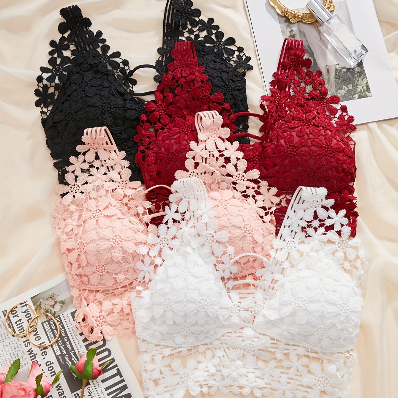 4 wireless lace bras with contrast details, comfortable and breathable cut-out style, for women's lingerie and underwear.