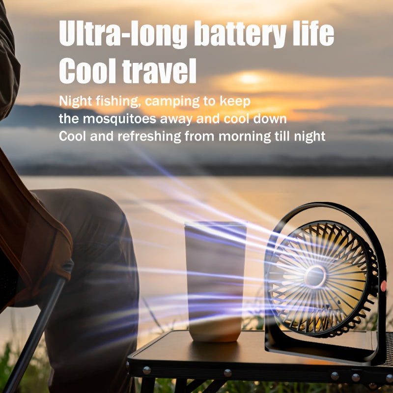 Rechargeable Portable USB Desk Fan with LED Night Light - Features Long-Lasting Battery, 5 Speeds, Quiet Operation - Ideal for Home, Office, Bedroom, Kitchen, Outdoor Camping & Fishing