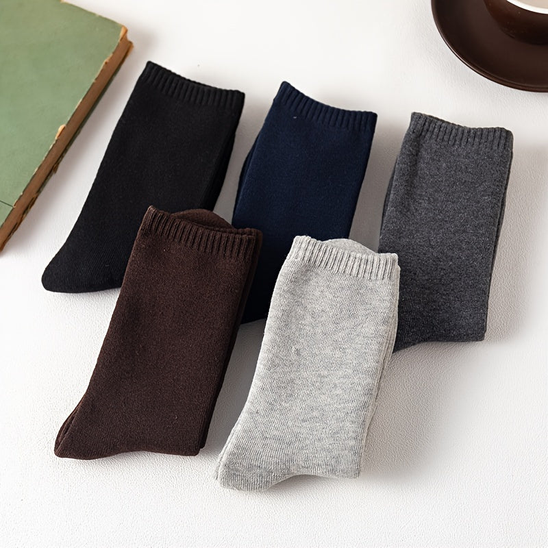 2 or 5 pairs of men's solid warm crew socks for autumn and winter, anti-sweat and breathable