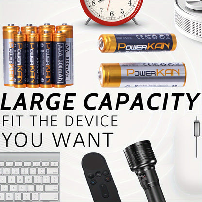 PowerKAN set includes high-quality 1.2V NiMH rechargeable AA & AAA batteries with ALL8 charger, suitable for rechargeable and discharge cycles. Pack includes 8x 800mAh AA and 8x 300mAh AAA