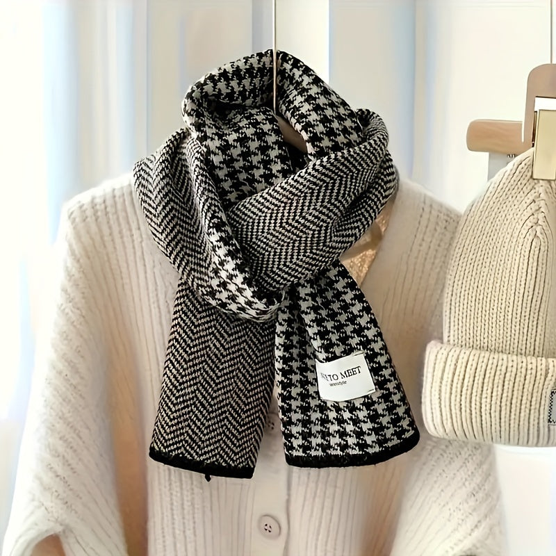 [Customer Favorite] Stylish Black and White Houndstooth Print Scarf - Trendy Thick Cozy Striped Winter Scarf in Fleece-Like Material