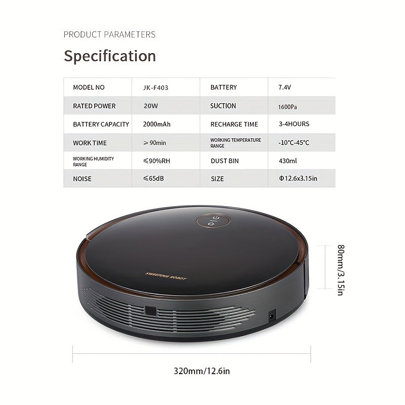 Robot vacuum cleaner with infrared sensing, rechargeable lithium battery, dual power options, US plug, ideal for home and pet owners.