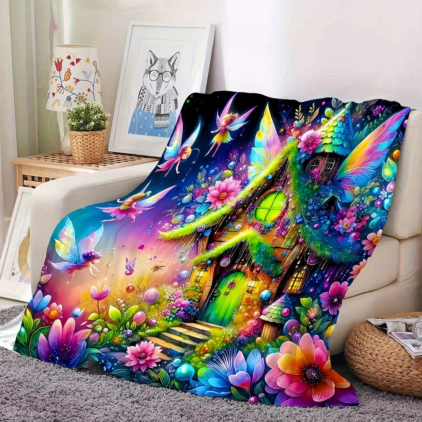 Contemporary Geometric Fantasy Fairy House Digital Print Blanket - Suitable for All Seasons, Made of 100% Polyester, Lightweight 200-250g, 65" x 65" (165cm x 165cm)