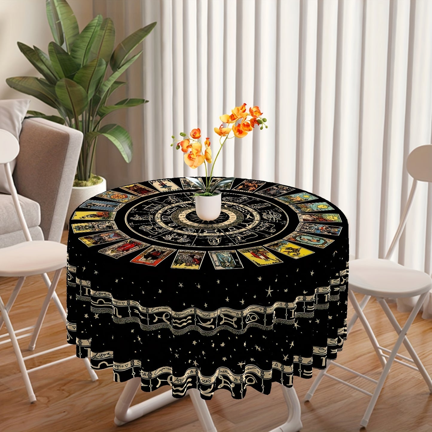 Tarot Round Tablecloth: 63 inch, Boho design with divination pattern. Stain-resistant, absorbent, and wrinkle-free. Ideal for home, kitchen, dining, parties, indoor/outdoor use. Perfect for room and scene decor.